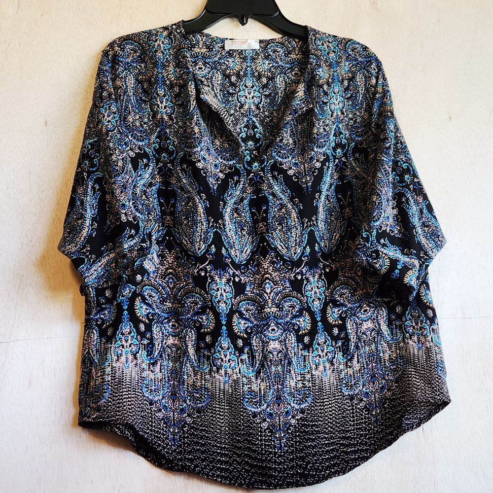 Renee C Womens Blue Paisley Medallion‎ Dolman Sleeve V-Neck Blouse Made in USA